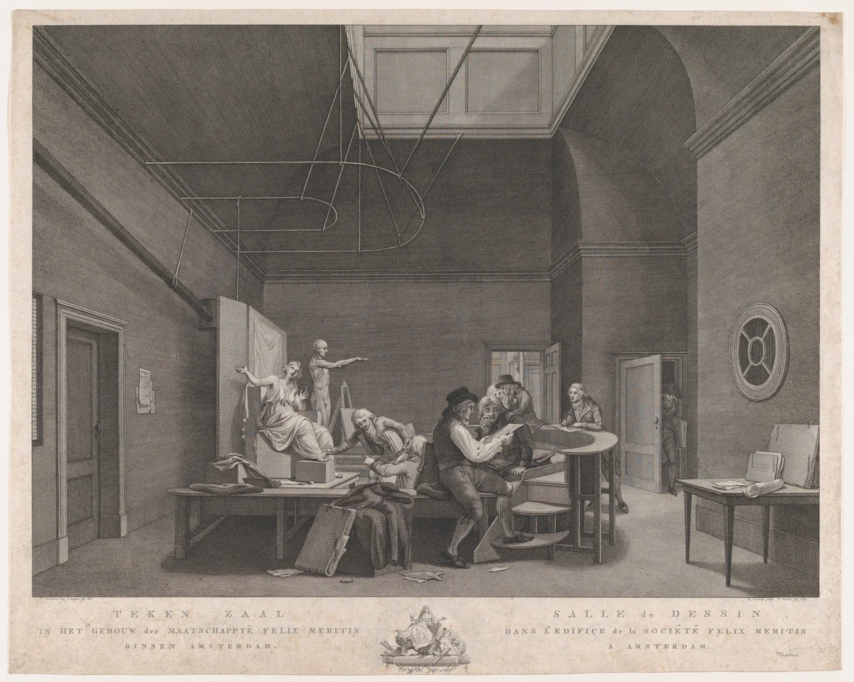 The Drawing Academy at the Felix Meritis Society in Amsterdam by Reinier Vinkeles, print, 1795-1805