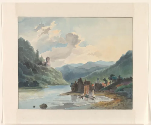Dorp aan een meer in een berglandschap by Johannes van Reijn, drawing, 1800-1900