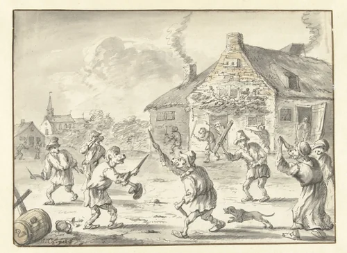 Gevecht tussen apen by Michiel Carree, drawing, 1667-1727