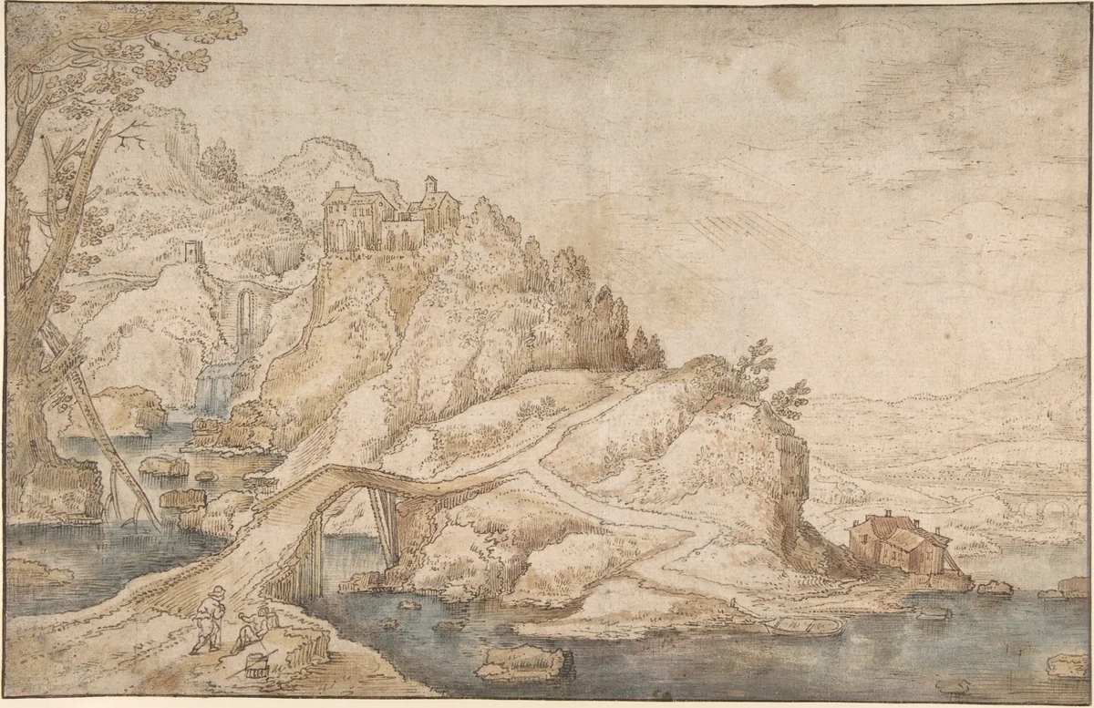 Landscape with a Road Leading Towards a Settlement on a Hill by Joos de Momper, drawing, 1580-1635