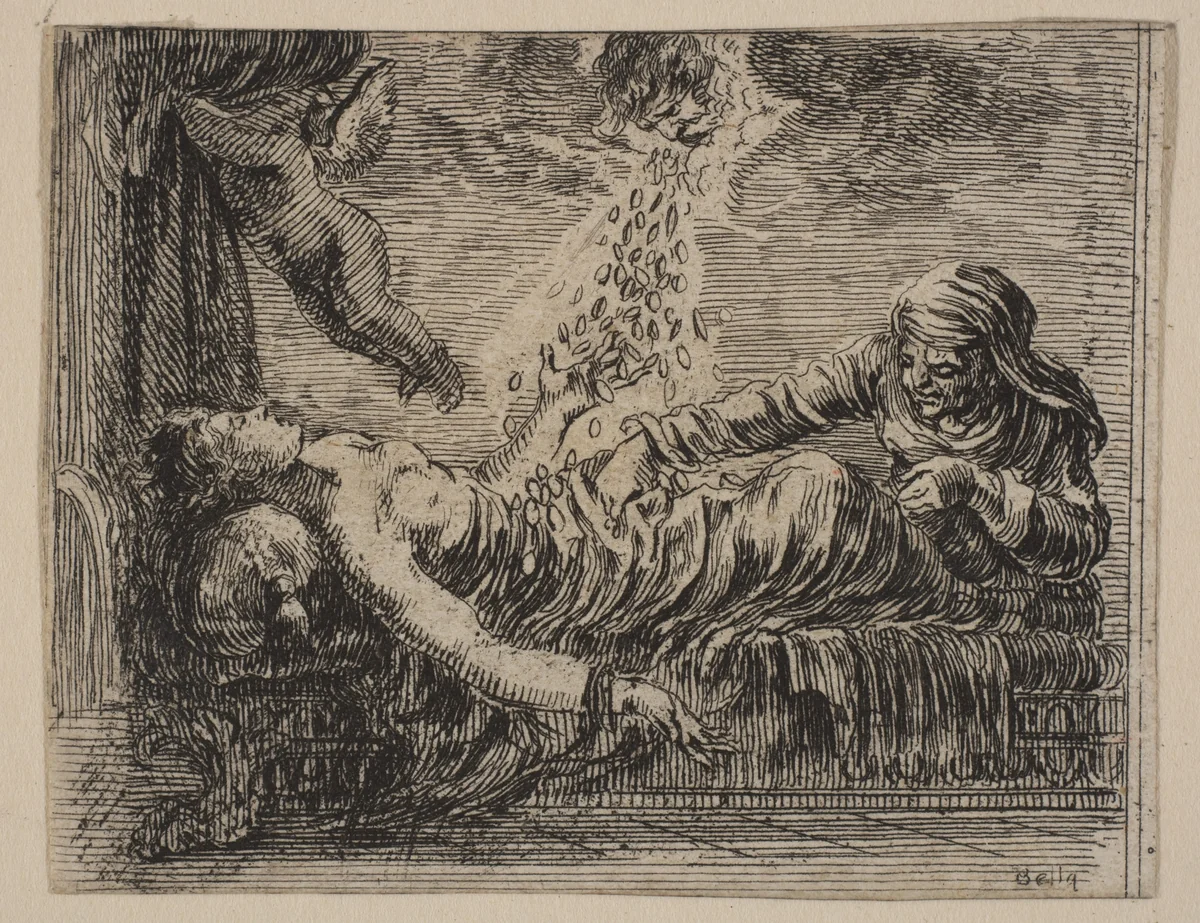 Jupiter and Danäe, from 'Game of Mythology' (Jeu de la Mythologie) by Stefano della Bella, print, 1644