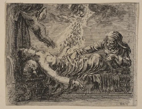 Jupiter and Danäe, from 'Game of Mythology' (Jeu de la Mythologie) by Stefano della Bella, print, 1644