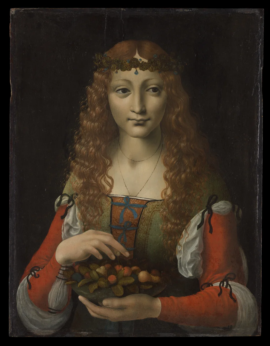 Girl with Cherries by Marco d'Oggiono, painting, 1491-1495