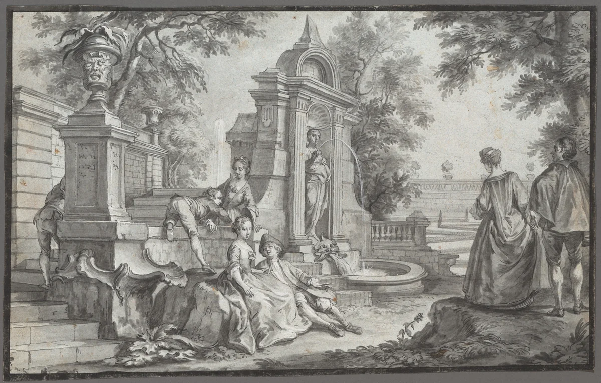 Gallant Company in a Park by Johann Wolfgang Baumgartner, drawing, 1732-1761