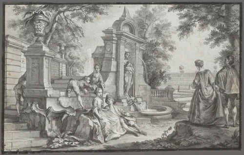 Gallant Company in a Park by Johann Wolfgang Baumgartner, drawing, 1732-1761