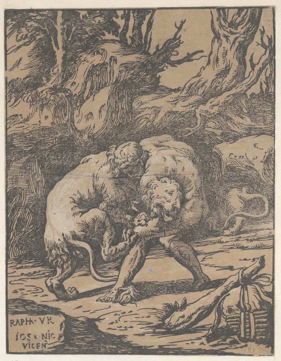 Hercules and the Nemean Lion by Niccolò Vicentino, print, 1540-1550