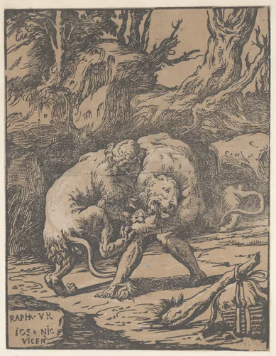 Hercules and the Nemean Lion by Niccolò Vicentino, print, 1540-1550