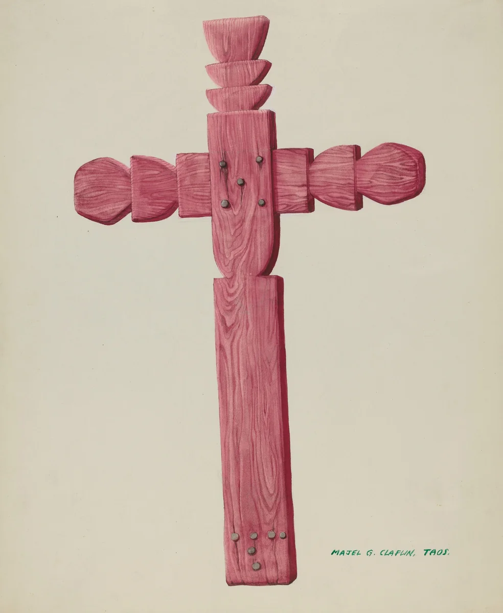 Red Wooden Cross used as Headstone by Majel G. Claflin, index of american design, 1937