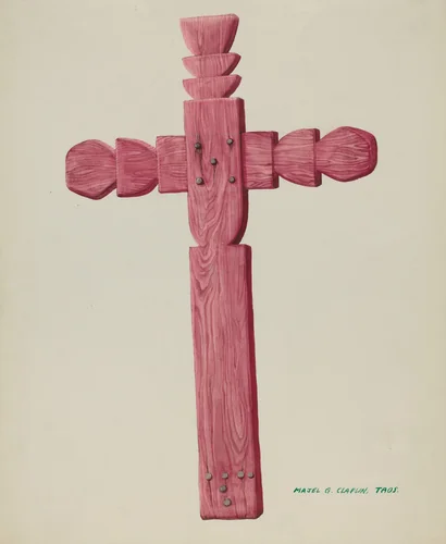 Red Wooden Cross used as Headstone by Majel G. Claflin, index of american design, 1937