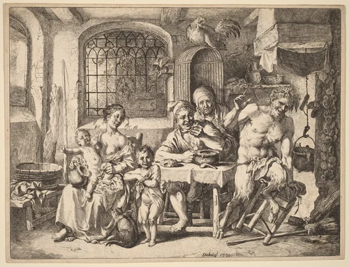 A Satyr Visiting a Peasant Family by Christian Wilhelm Ernst Dietrich, print, 1739