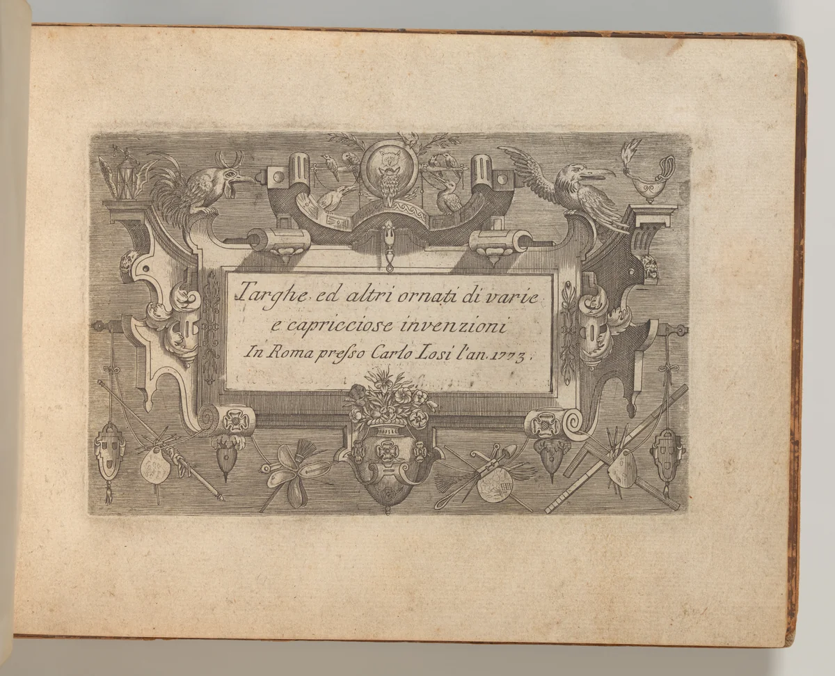 Targhe ed altri ornati di varie e capricciose invenzioni (Cartouches and other ornaments of various and capricious invention, page 1) by Jacob Floris, book, 1773