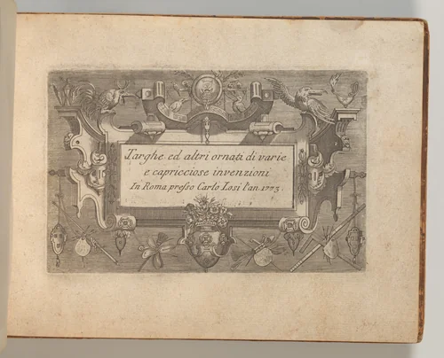 Targhe ed altri ornati di varie e capricciose invenzioni (Cartouches and other ornaments of various and capricious invention, page 1) by Jacob Floris, book, 1773