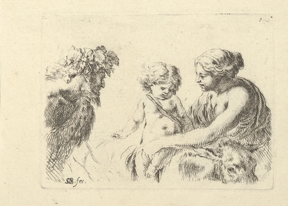 A woman at right holding her child who is sitting atop a donkey, a satyr at left looking towards the right, plate 6 from "Various figures and doodles" (Diverses figures et griffonnemens) by Stefano della Bella, print, 1643-1648