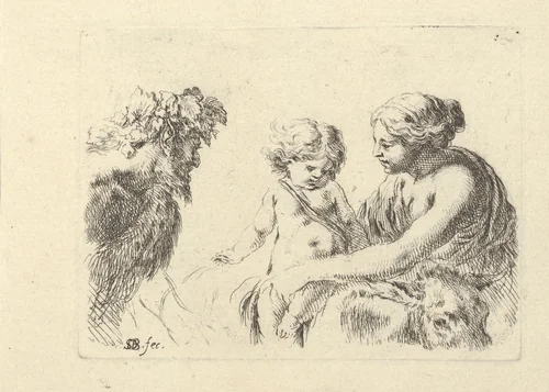 A woman at right holding her child who is sitting atop a donkey, a satyr at left looking towards the right, plate 6 from "Various figures and doodles" (Diverses figures et griffonnemens) by Stefano della Bella, print, 1643-1648
