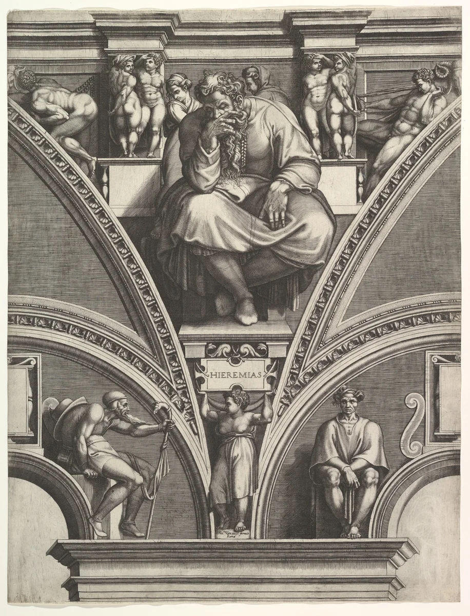 The Prophet Jeremiah, from the series of Prophets and Sibyls in the Sistine Chapel by Giorgio Ghisi, print, 1570-1575