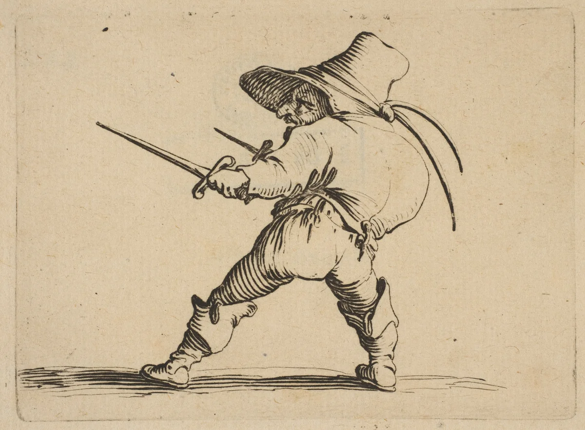 Le Duelliste a L'Épée et au Poignard (The Duelist with a Sword and Daggar), from "Varie Figure Gobbi, suite appelée aussi Les Bossus, Les Pygmées, Les Nains Grotesques" (Various Hunchbacked Figures, The Hunchbacks, The Pygmes, The Grotesque Dwarfs) by Jacques Callot, print, 1616-1622