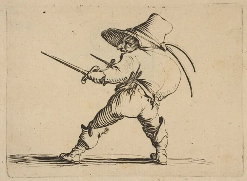 Le Duelliste a L'Épée et au Poignard (The Duelist with a Sword and Daggar), from "Varie Figure Gobbi, suite appelée aussi Les Bossus, Les Pygmées, Les Nains Grotesques" (Various Hunchbacked Figures, The Hunchbacks, The Pygmes, The Grotesque Dwarfs) by Jacques Callot, print, 1616-1622