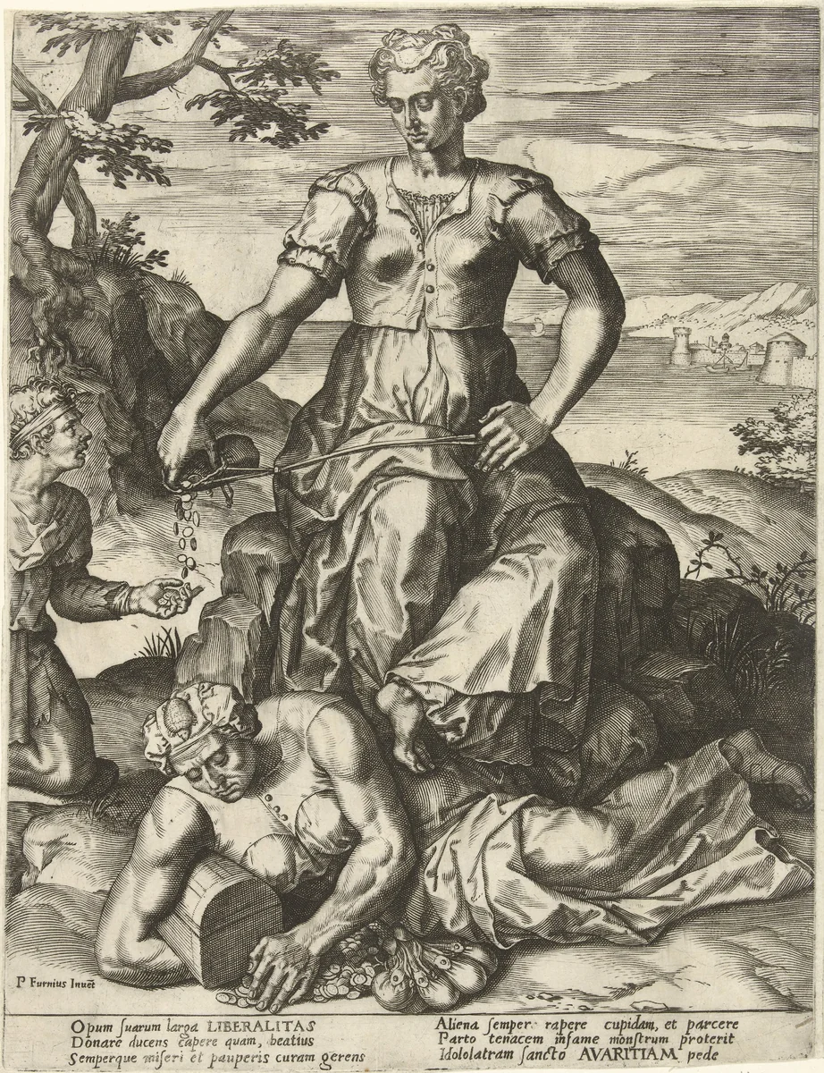 Vrijgevigheid overwint Gierigheid by Pieter Jalhea Furnius, print, 1550-1625