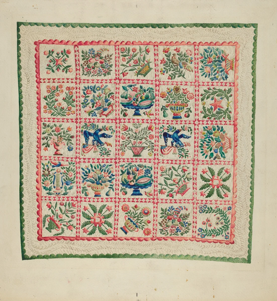 Applique Quilt by Marian Curtis Foster, index of american design, 1935-1942