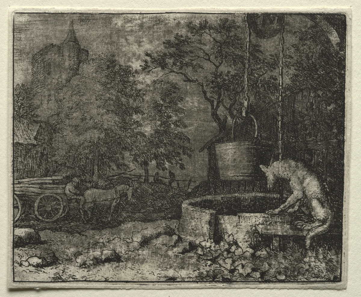 Reynard the Fox: Reynard Tricks the Wife of the Wolf by Allart van Everdingen, print, 1650-1675