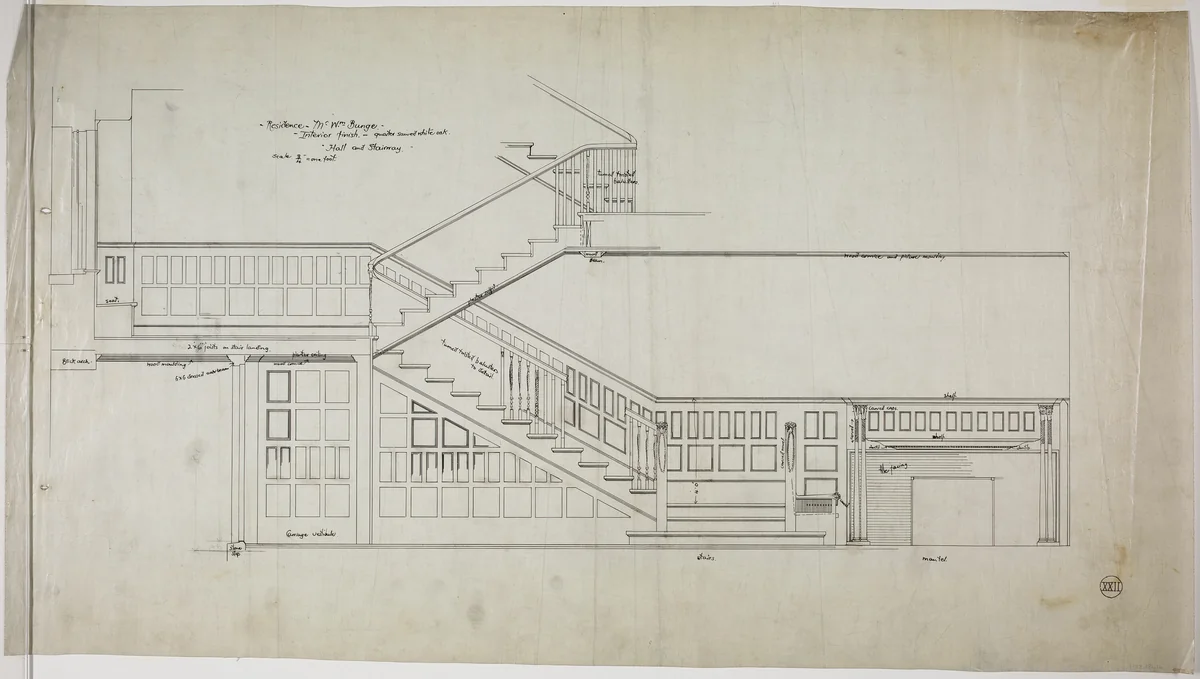 William Bunge House, Chicago, Illinois, Hall and Main Stairway Details by Treat and Foltz, drawing, 1889-1890