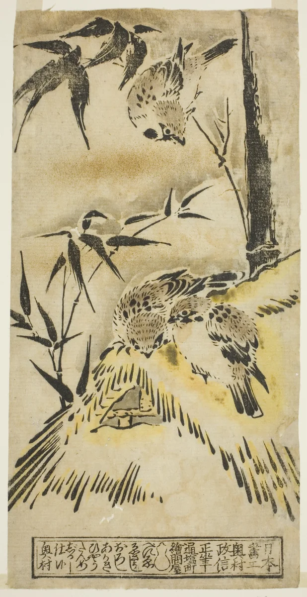 Sparrows, Thatched Roof, and Bamboo by Okumura Masanobu (奥村政信), print, 1715-1730