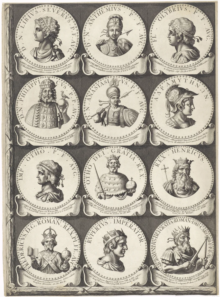 Keizers en koningen, medaillons 84-149, blad 8 by Jan van Vianen, print, 1695