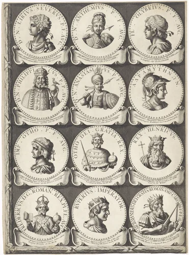 Keizers en koningen, medaillons 84-149, blad 8 by Jan van Vianen, print, 1695
