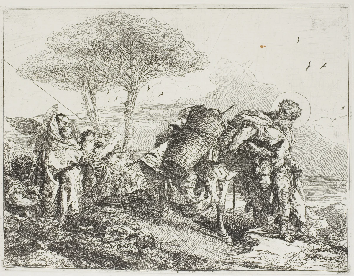 Mary, Helped by Two Angels, Follows Joseph with the Donkey, plate 25 from The Flight into Egypt by Giovanni Domenico Tiepolo, print, 1753