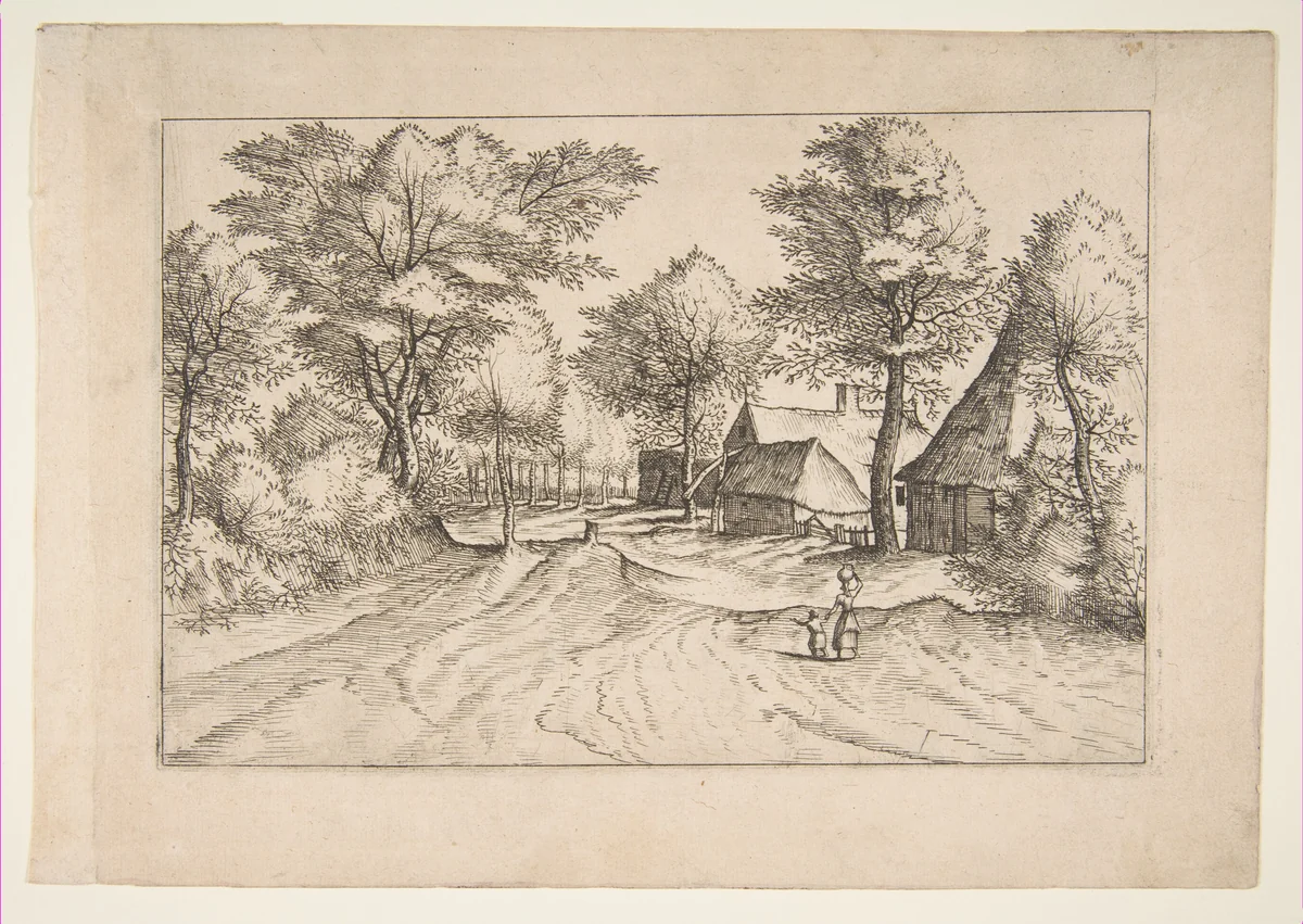 Village Road with a Farm and Sheds, from the series, The Small Landscapes (Multifariarum Casularum) by Johannes van Doetecum, print, 1559-1561