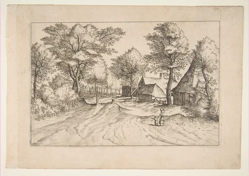 Village Road with a Farm and Sheds, from the series, The Small Landscapes (Multifariarum Casularum) by Johannes van Doetecum, print, 1559-1561
