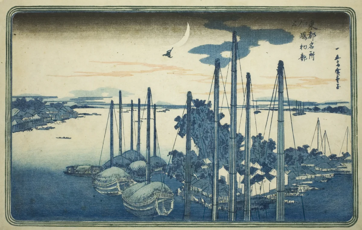 First Cuckoo of the Year at Tsukuda Island (Tsukudajima, hatsu hototogisu), from the series "Famous Views of the Eastern Capital (Toto Meisho)" by Utagawa Hiroshige (歌川広重), print, 1826-1836