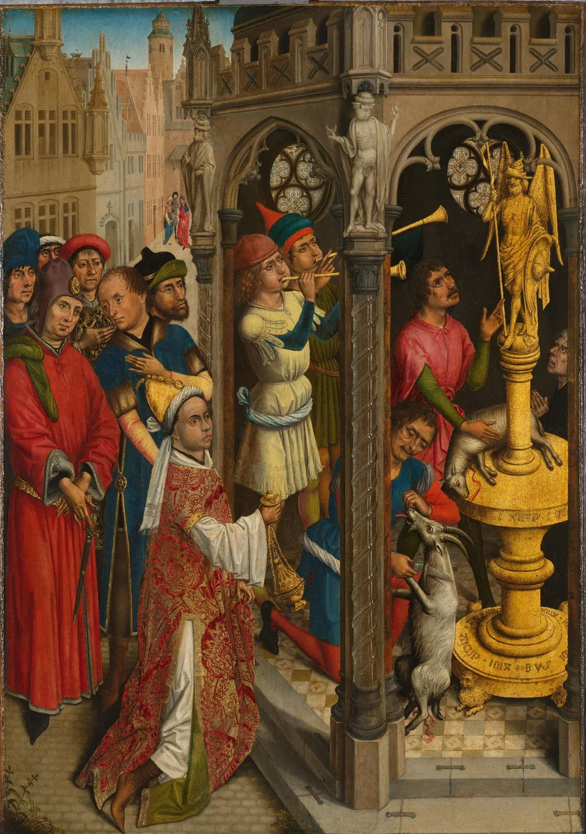 Augustinus offert aan een afgod der Manicheeërs (?) by Unknown, painting, 1480