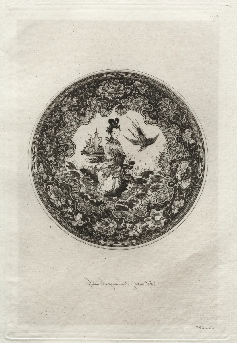Saucer with Rich Enameled Ground and Medallion Representing the Goddess Kounin by Jules Jacquemart, print, 1872-1882
