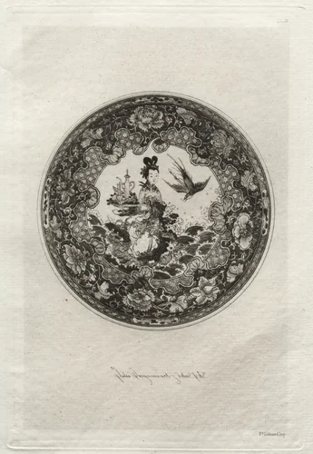Saucer with Rich Enameled Ground and Medallion Representing the Goddess Kounin by Jules Jacquemart, print, 1872-1882