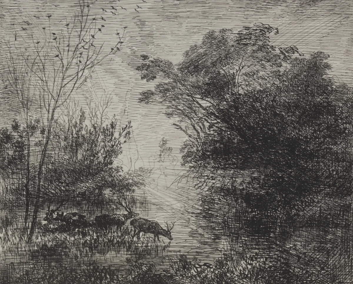 Stags by Charles-François Daubigny, print, 1921