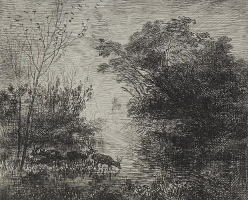 Stags by Charles-François Daubigny, print, 1921