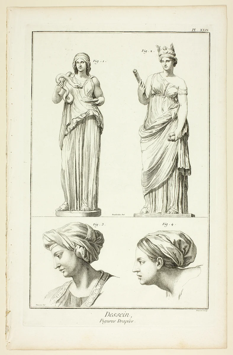 Design: Draped Figures, from Encyclopédie by Benoît-Louis Prévost, print, 1762-1777