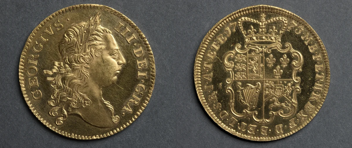 Two Guinea Piece: George III (obverse); Shield of Arms (reverse) by John Sigismund Tanner, metalwork, 1773