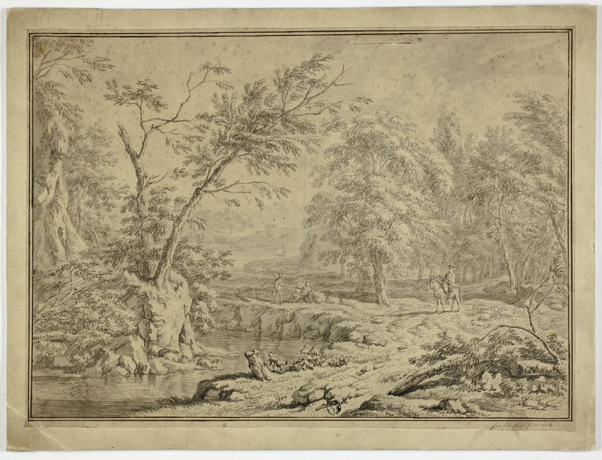 Landscape with Shepherds by River and Man on Horseback by Jan van Huysum, drawing, 1702-1749