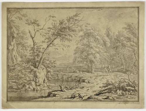 Landscape with Shepherds by River and Man on Horseback by Jan van Huysum, drawing, 1702-1749
