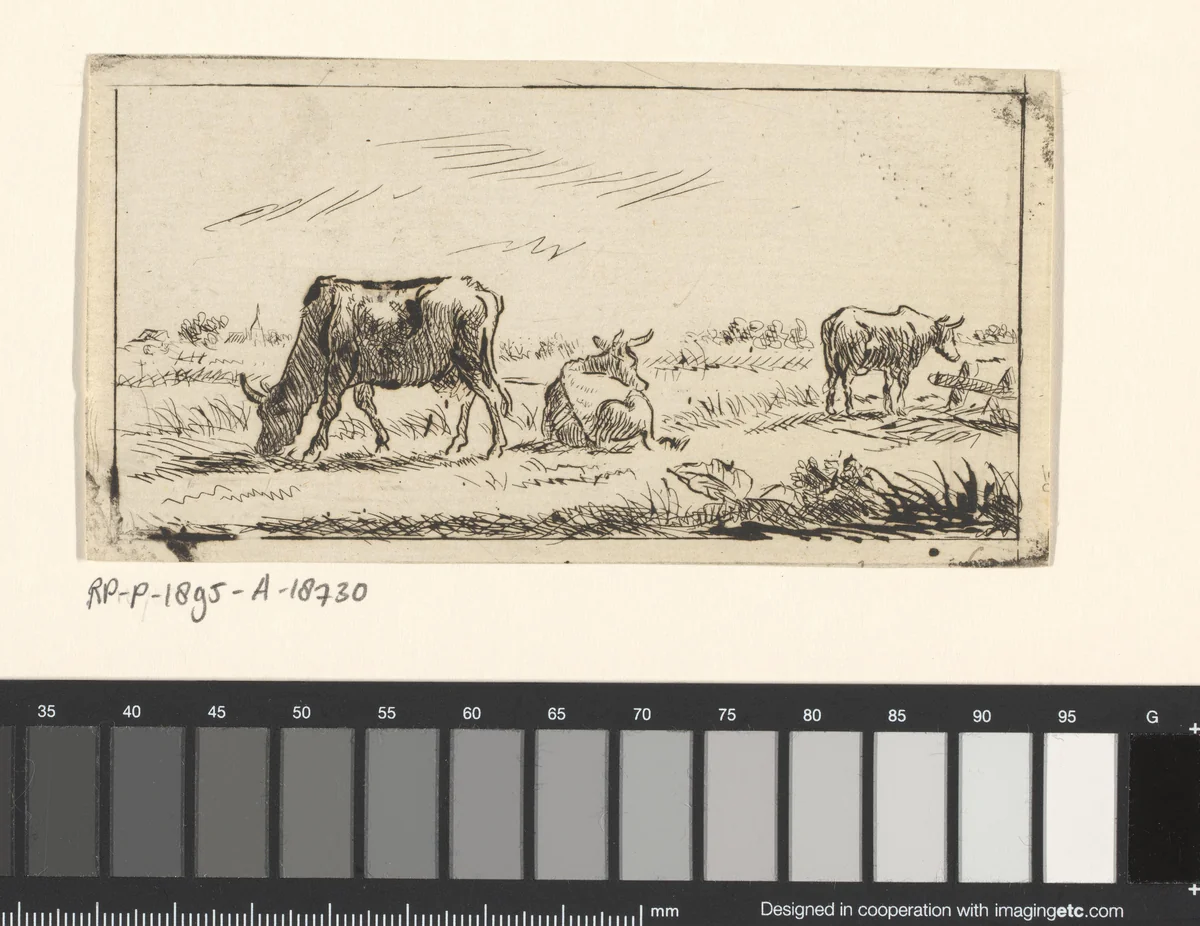Weide met drie koeien by Jan van Noort, print, 1766-1837
