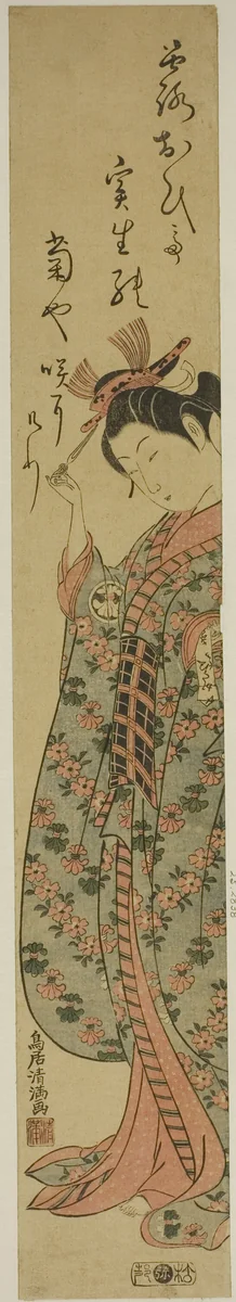 The Actor Segawa Kikunojo II as a woman holding a hairpin by Torii Kiyomitsu I, print, 1755-1765