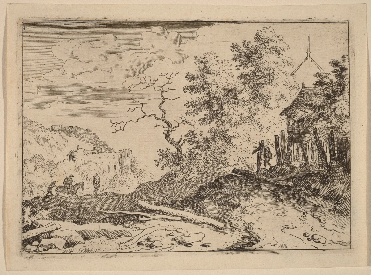 Hut with the Remains of a Hedge by Allart van Everdingen, print, 1645-1656