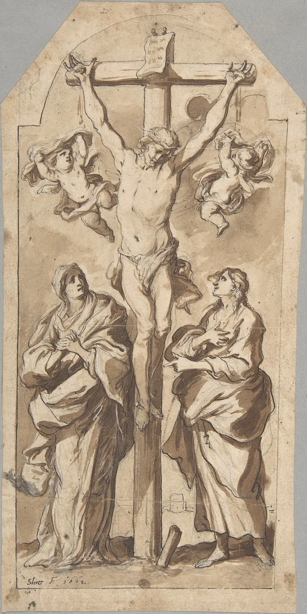 Christ on the Cross Between Mary and Saint John by Johann Christophorus Storer, drawing, 1620-1671