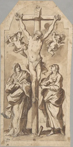 Christ on the Cross Between Mary and Saint John by Johann Christophorus Storer, drawing, 1620-1671