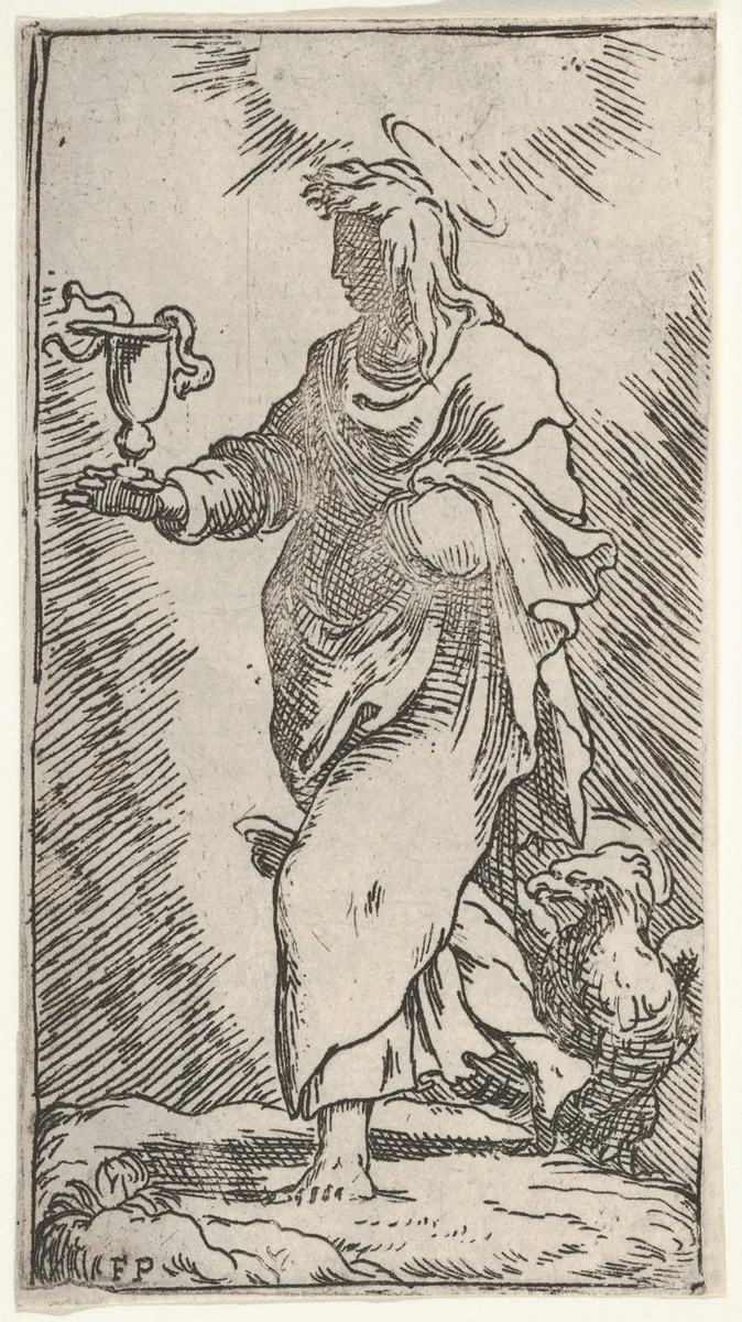 St. John the Evangelist, striding in three-quarter view toward the left and holding a chalice with snakes in his right hand, an eagle stands behind his right leg by Master F. P., print, 1500-1600