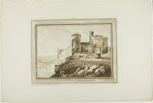 Manerbawr Castle in Pembroke Shire, plate eight from Twelve Views in South Wales by Paul Sandby, print, 1775