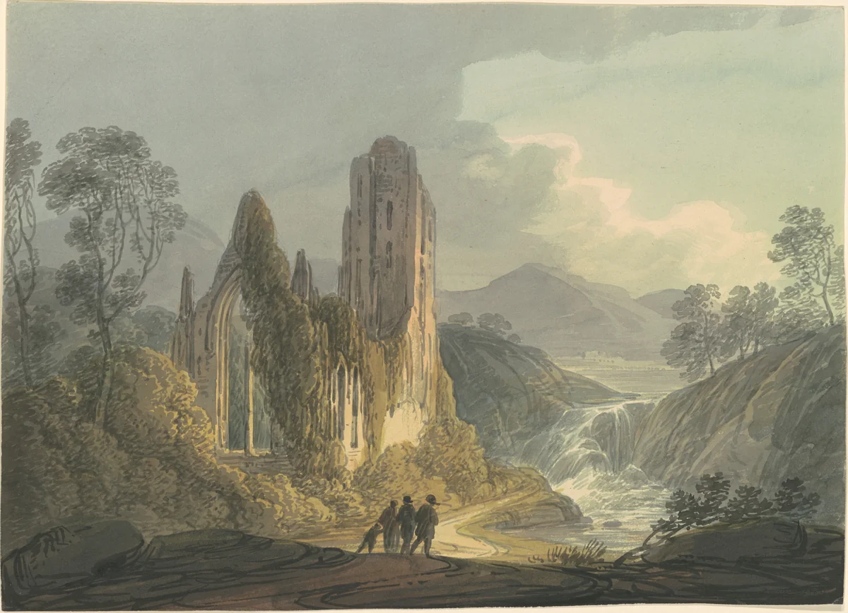 A Ruined Abbey by a Waterfall by William Payne, drawing, 1795-1805