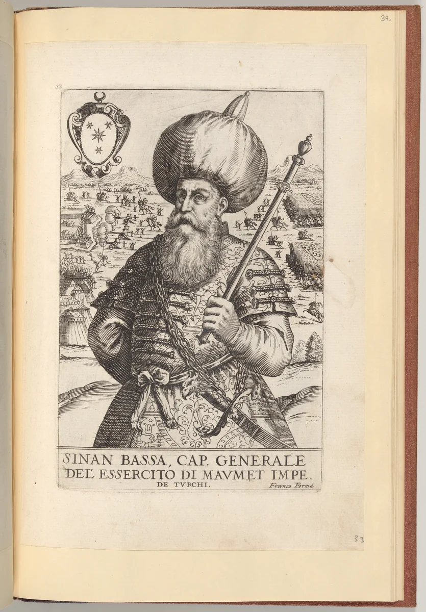 Sinan Bassa, from Effigie naturali dei maggior prencipi et piu valorosi capitani di questa eta con l'arme loro by Giacomo Franco, print, 1596